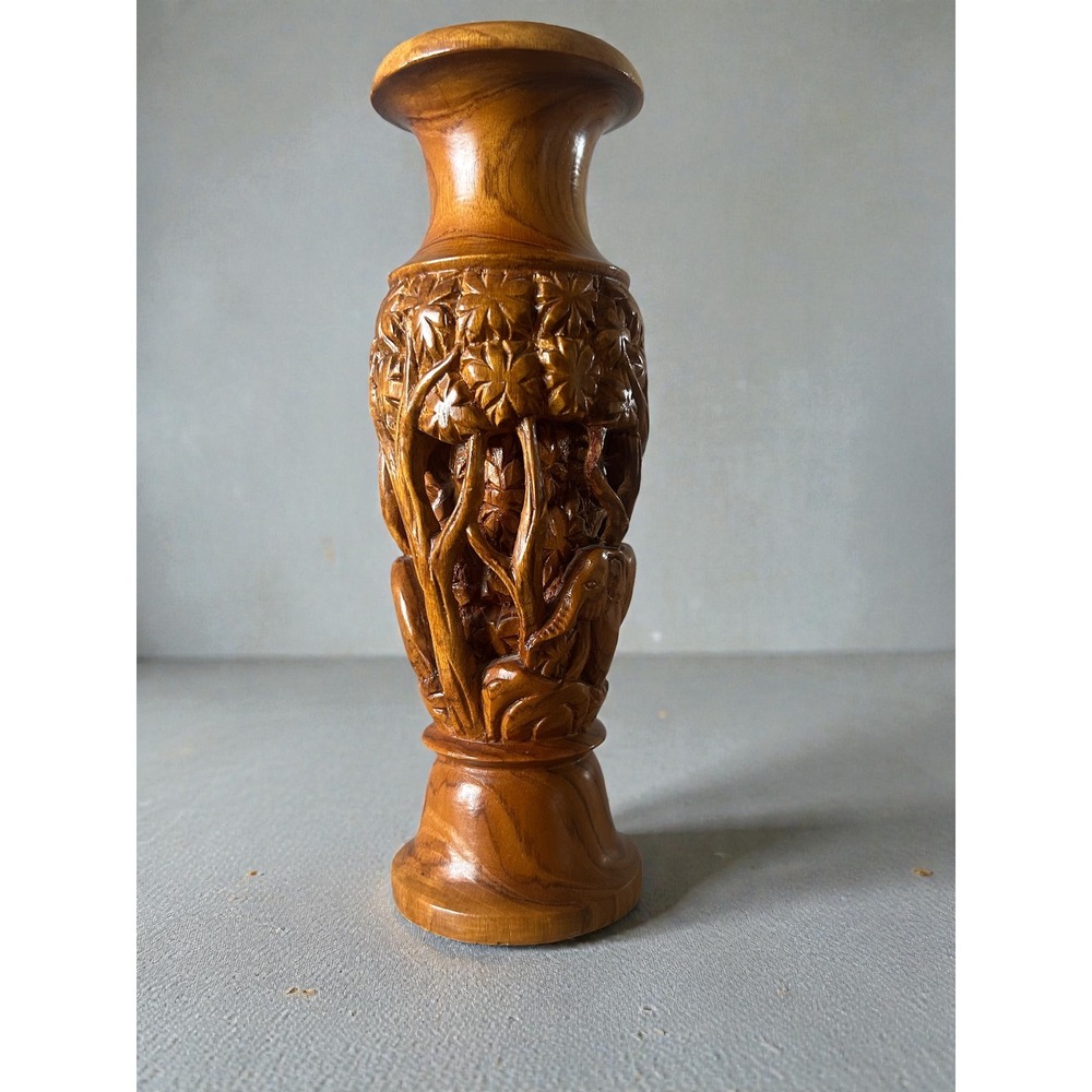 Vintage Hand Carved Wood Elephant Jungle Scene Vase Decorative Folk‎ Art 10 Inch